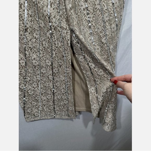 NWT $538 Mac Duggal [ 8 ] Beaded Lace Long‎ Sleeve Midi Dress Taupe - Picture 11 of 16